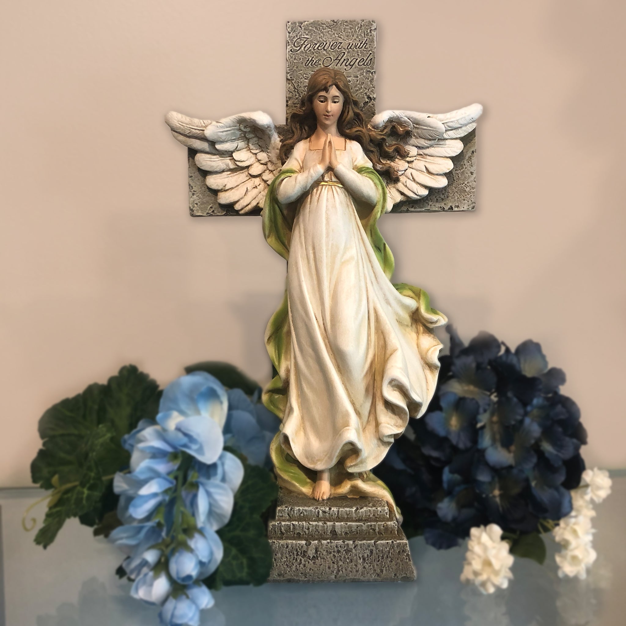 Memorial Angel with Cross Garden Statue