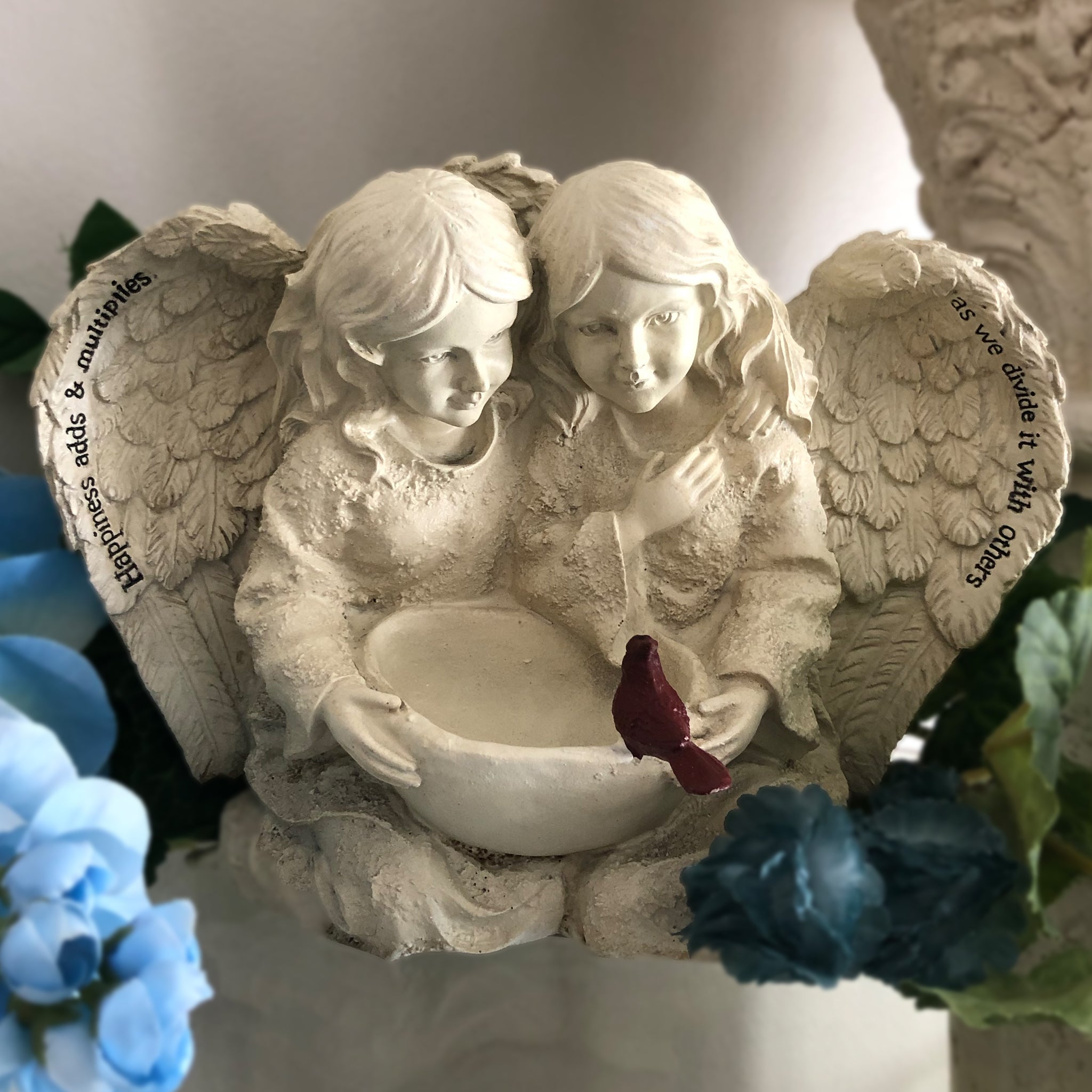 Cherub With Bird Statue With Verse - Red