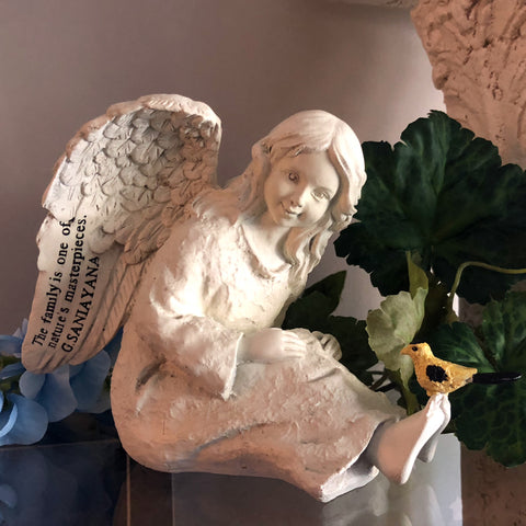 Cherub With Bird Statue With Verse - Yellow