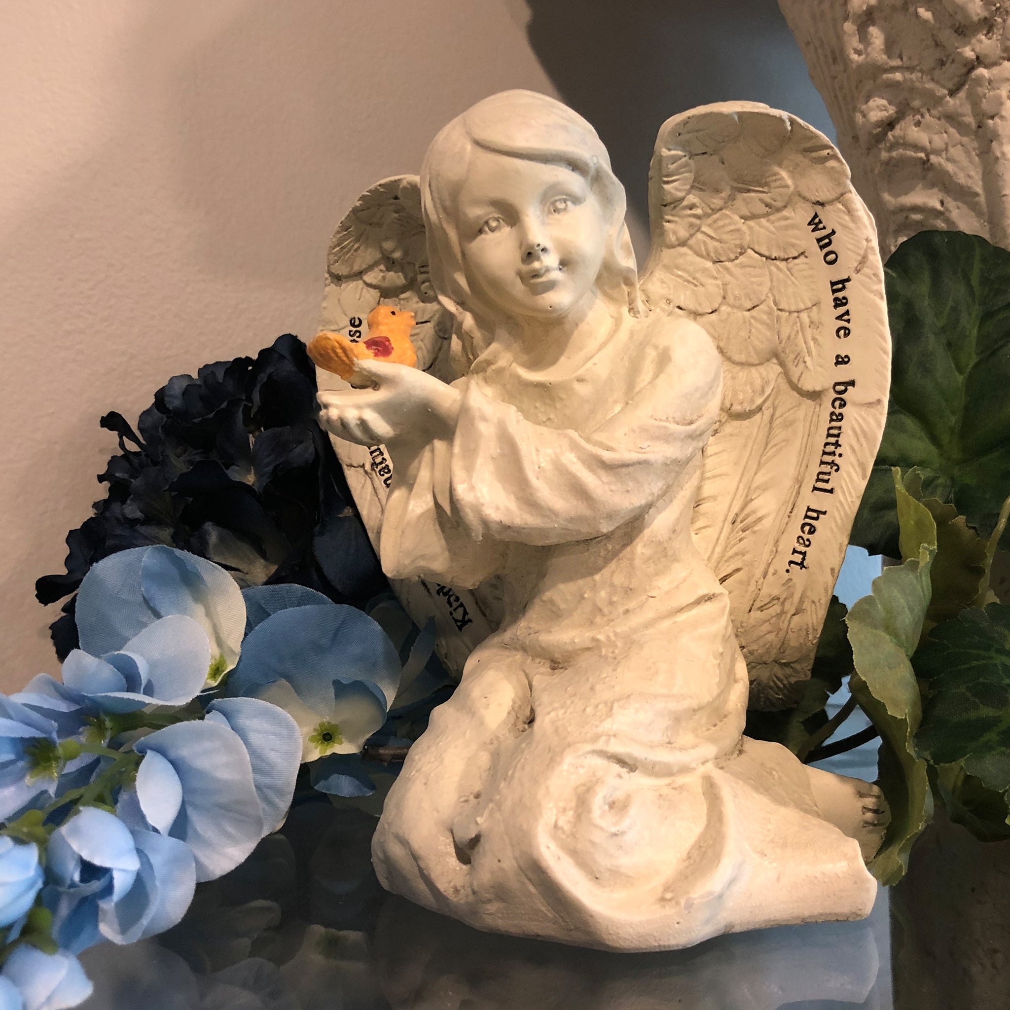 Cherub With Bird Statue With Verse - Orange